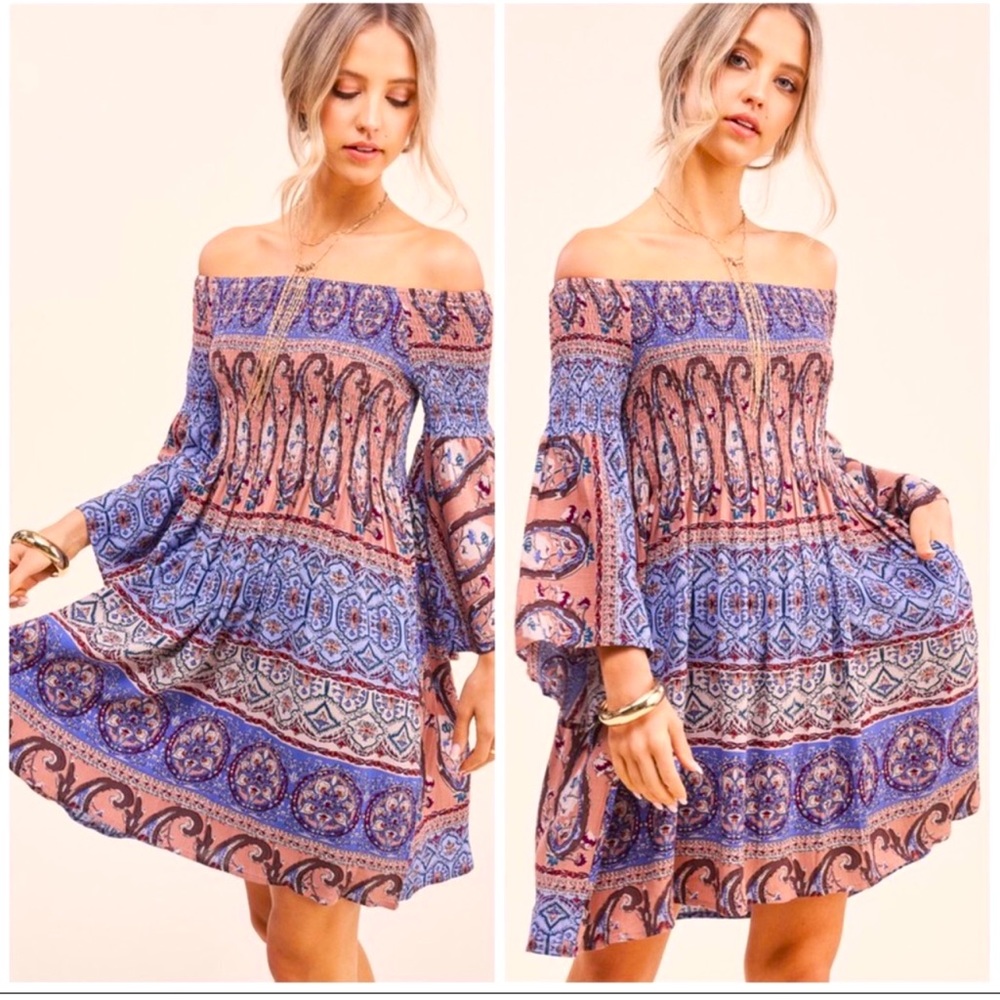 Lovely off-shoulder boho mini-dress cornflower 💙